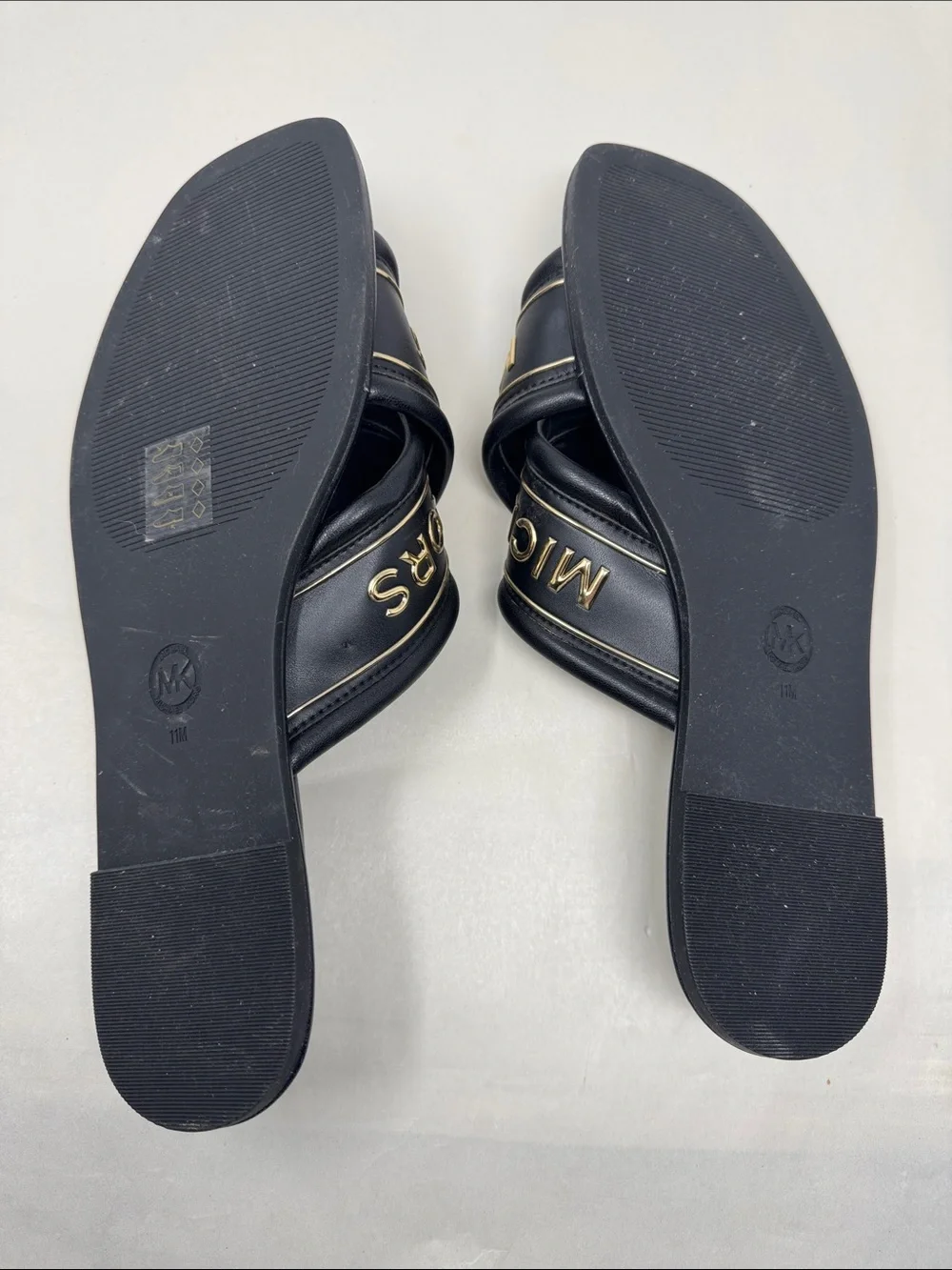 MK MICHAEL KORS GIDEON SLIDE WOMEN'S SHOES SIZE 11 CRISS CROSS GOLD BLACK SANDAL